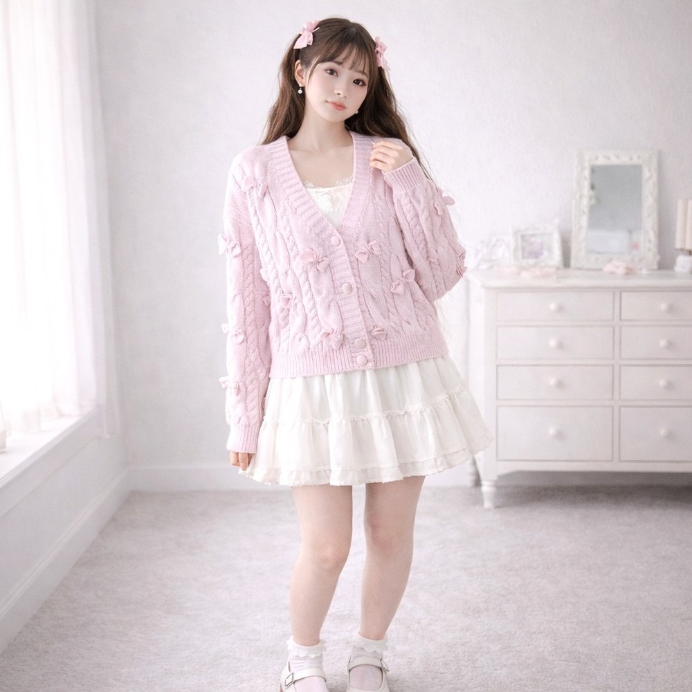 CIDER Coquette Pink Bow Cable Knit Cardigan Soft Girl Kawaii Size M